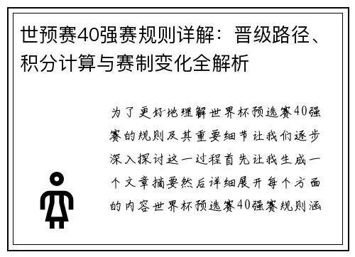 世预赛40强赛规则详解：晋级路径、积分计算与赛制变化全解析