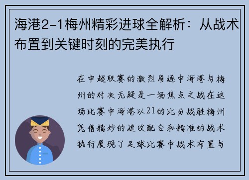 海港2-1梅州精彩进球全解析：从战术布置到关键时刻的完美执行